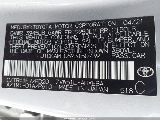 JTDKAMFU8M3150739 Toyota 2zr-fxe,1nm