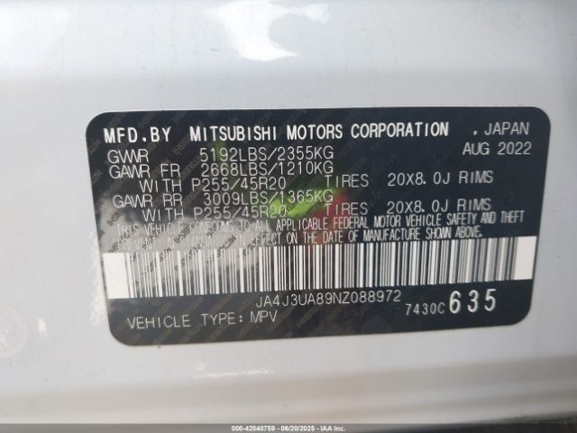 2022 MITSUBISHI OUTLANDER JA4J3UA89NZ088972 Photo 8