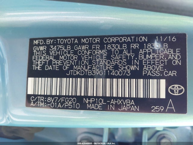 JTDKDTB39G1140073 Toyota 1nz-fxe+1lm