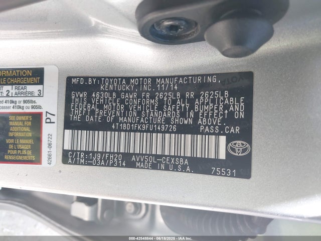 4T1BD1FK9FU149726 Toyota 2ar-fxe+2jm
