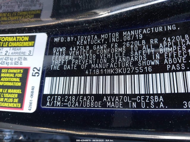 2019 Toyota Camry Se მანქანა იყიდება აუქციონზე, vin: 4T1B11HK3KU275516, აუქციონის ნომერი: 42548979