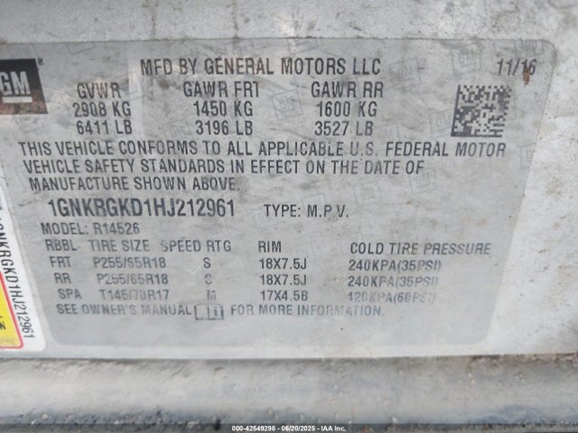 1GNKRGKD1HJ212961 Chevrolet llt - sidi: spark ignited direct injection, alum, 60 degrees
