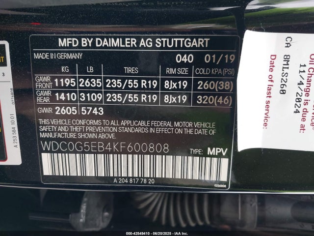 WDC0G5EB4KF600808 Mercedes-Benz m274