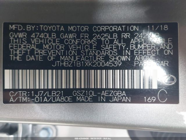 2019 LEXUS ES 350 JTHBZ1B1XK2004539 Photo 8