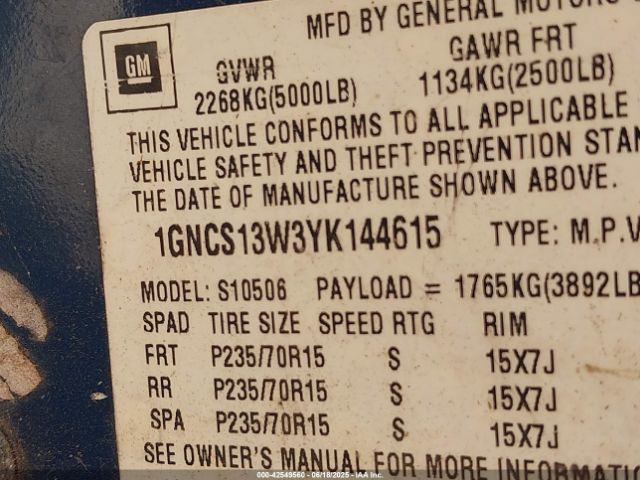 2000 CHEVROLET BLAZER 1GNCS13W3YK144615 Photo 8