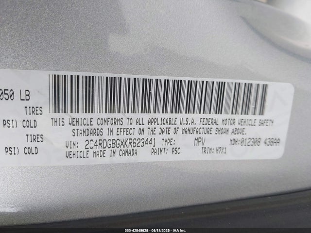 Продаж на аукціоні авто 2019 Dodge Grand Caravan Se, vin: 2C4RDGBGXKR623441, номер лоту: 42549625