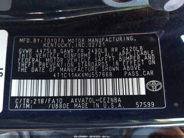 4T1C11AKXMU557668 Toyota a25a-fks
