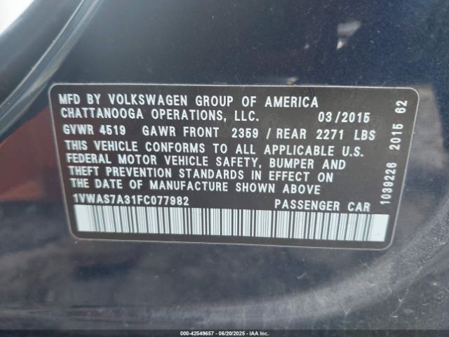 2015 VOLKSWAGEN PASSAT 1VWAS7A31FC077982 Photo 8