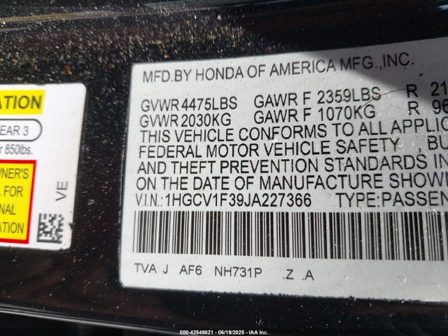 1HGCV1F39JA227366 Honda l15be