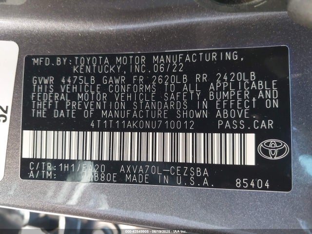 4T1T11AK0NU710012 Toyota a25a-fks