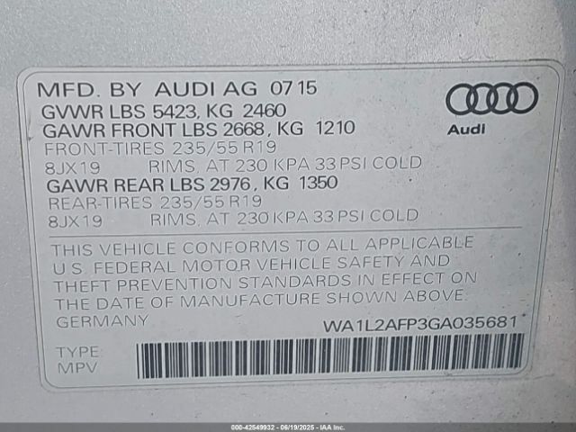 WA1L2AFP3GA035681 Audi flex fuel - e85