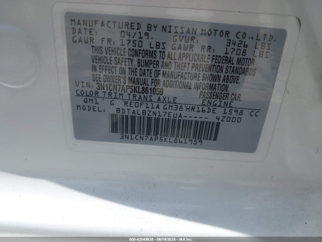 Aukcja sprzedaży 2019 Nissan Versa 1.6 Sv, vin: 3N1CN7AP5KL861959, numer aukcji: 42549938