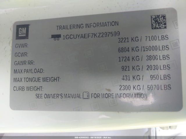 1GCUYAEF7KZ297599 Chevrolet l82 - di, afm, alum, gen 5, var 1