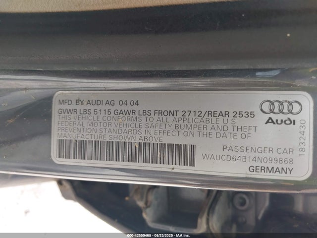 2004 AUDI A6 WAUCD64B14N099868 Photo 8