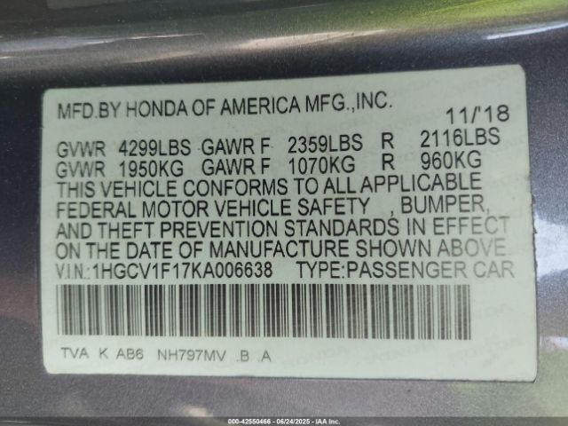 2019 HONDA ACCORD 1HGCV1F17KA006638 Photo 8