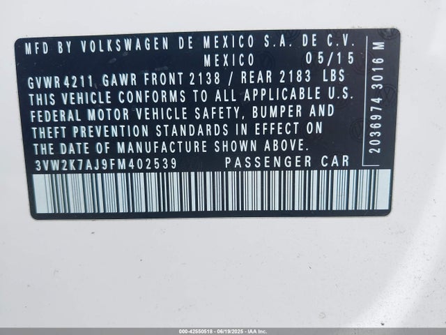 3VW2K7AJ9FM402539 Volkswagen 2015