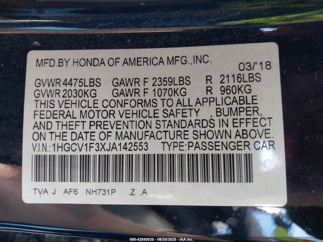 1HGCV1F3XJA142553 Honda l15be