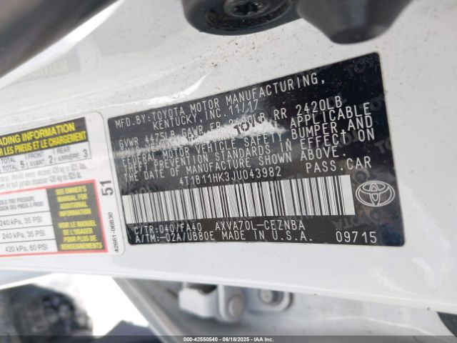2018 TOYOTA CAMRY 4T1B11HK3JU043982 Photo 8