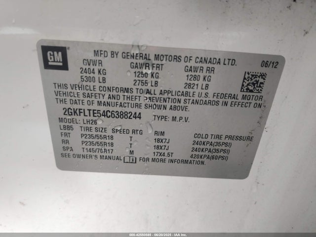 Aukcja sprzedaży 2012 Gmc Terrain Sle-2, vin: 2GKFLTE54C6388244, numer aukcji: 42550585