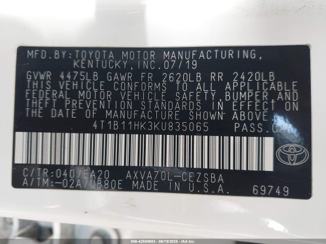 4T1B11HK3KU835065 Toyota a25a-fks