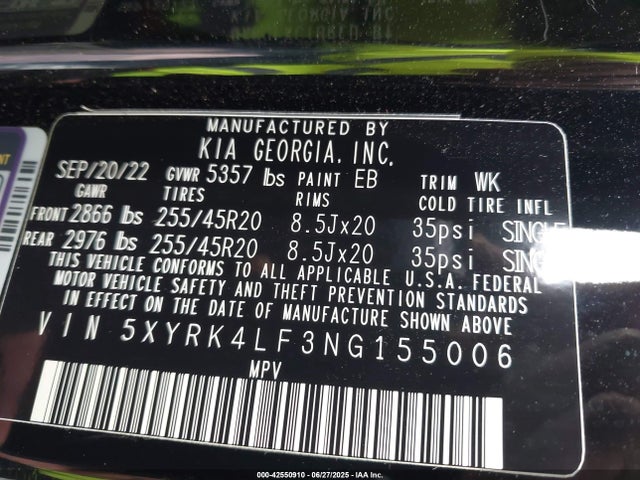 5XYRK4LF3NG155006 KIA t-gdi theta-iii