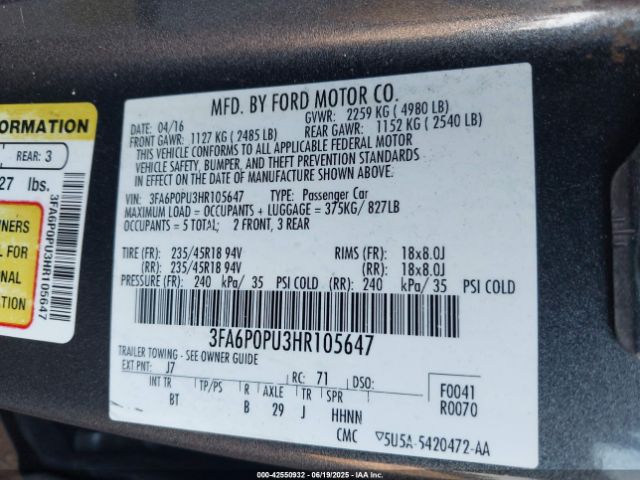 3FA6P0PU3HR105647 Ford 2.0l 4v atk hev