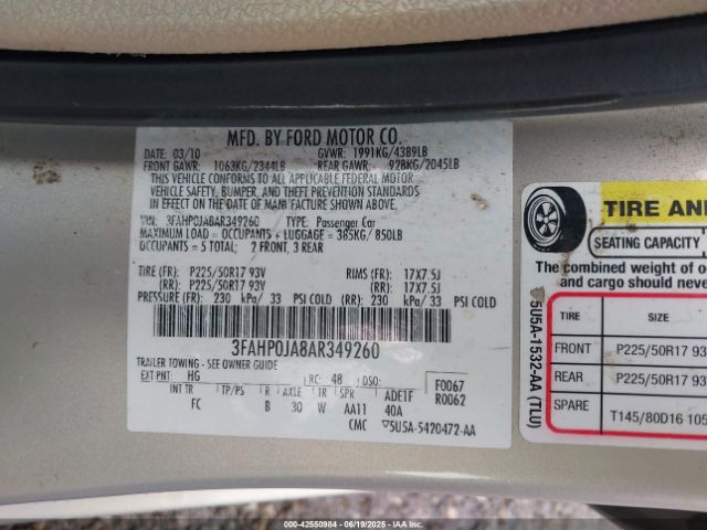 2010 FORD FUSION 3FAHP0JA8AR349260 Photo 8