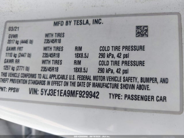 5YJ3E1EA9MF929942 Tesla MODEL 3