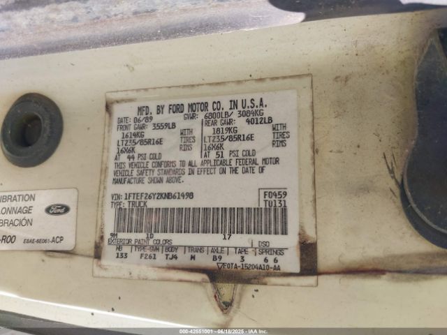1989 FORD F250 1FTEF26Y2KNB61498 Photo 8