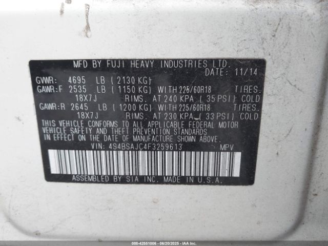 2015 SUBARU OUTBACK 4S4BSAJC4F3259613 Photo 8