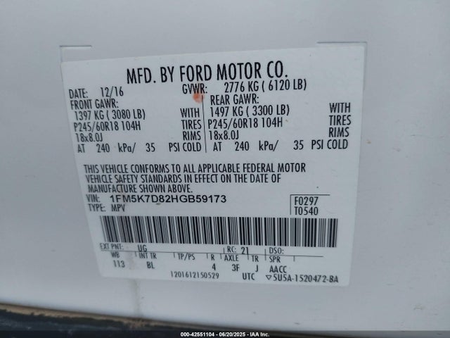 1FM5K7D82HGB59173 Ford 3.5l ti-vct