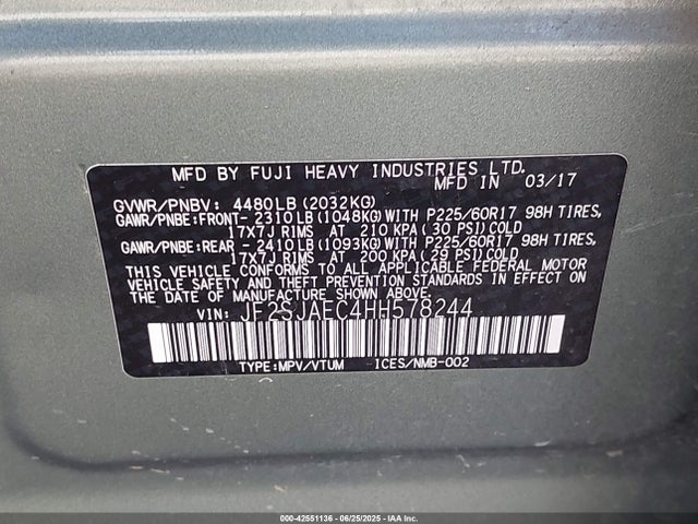 Subaru naturally aspirated u5 2017 JF2SJAEC4HH578244 Image 9