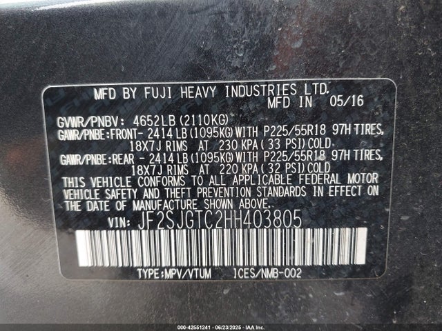 Продаж на аукціоні авто 2017 Subaru Forester Touring, vin: JF2SJGTC2HH403805, номер лоту: 42551241