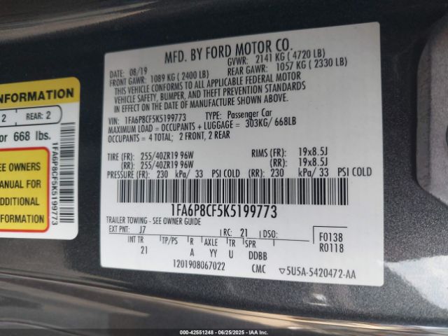 2019 FORD MUSTANG 1FA6P8CF5K5199773 Photo 8