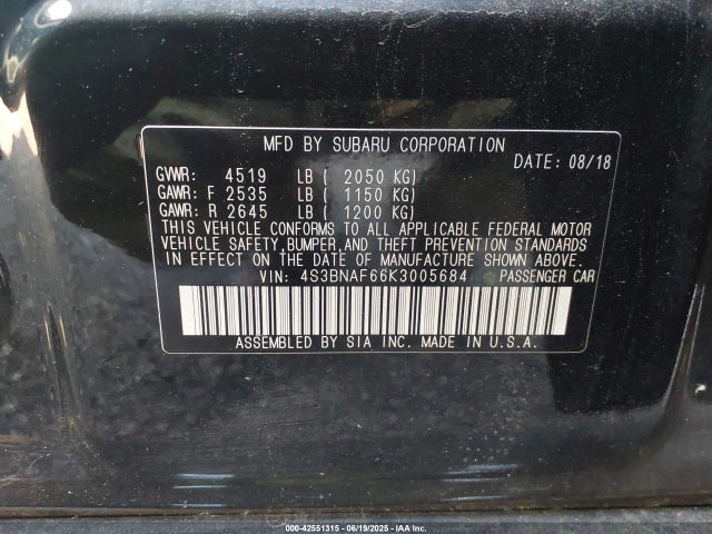 Aukcja sprzedaży 2019 Subaru Legacy 2.5i Premium, vin: 4S3BNAF66K3005684, numer aukcji: 42551315