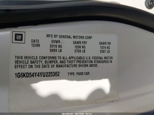 42551321 :رقم المزاد ، 1G6KD54Y4YU225362 vin ، 2000 Cadillac Deville Standard مزاد بيع