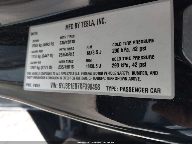 Tesla MODEL 3 2019 5YJ3E1EB7KF390498 Image 9