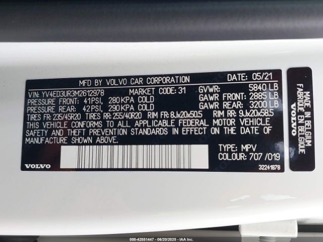 2021 VOLVO XC40 RECHARGE PURE ELECTRIC YV4ED3UR3M2612978 Photo 8