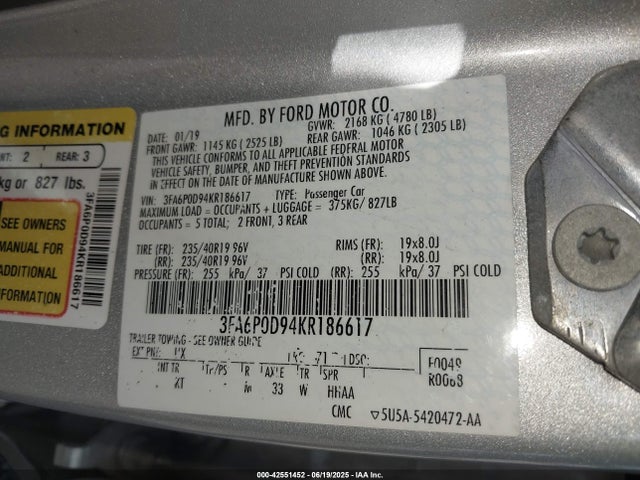 Aukcja sprzedaży 2019 Ford Fusion Titanium, vin: 3FA6P0D94KR186617, numer aukcji: 42551452