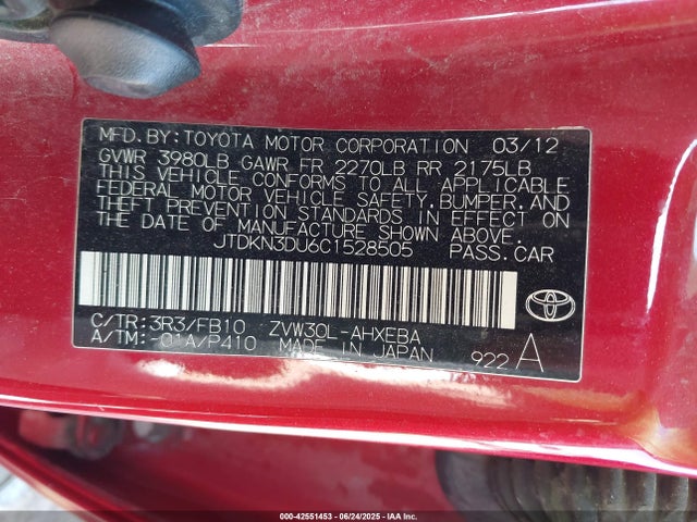 Aukcja sprzedaży 2012 Toyota Prius Two, vin: JTDKN3DU6C1528505, numer aukcji: 42551453