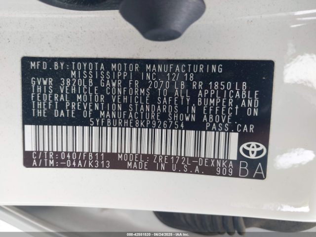 2019 TOYOTA COROLLA 5YFBURHE8KP926754 Photo 8