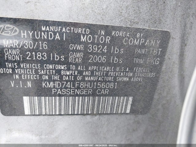 KMHD74LF8HU156081 Hyundai 2017