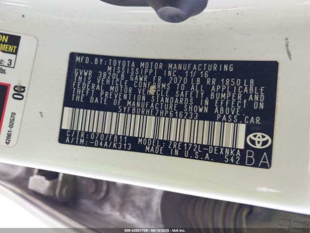 5YFBURHE7HP616233 Toyota COROLLA LE