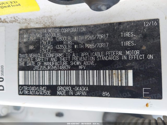 JTEZU5JR7H5148839 Toyota 1gr-fe