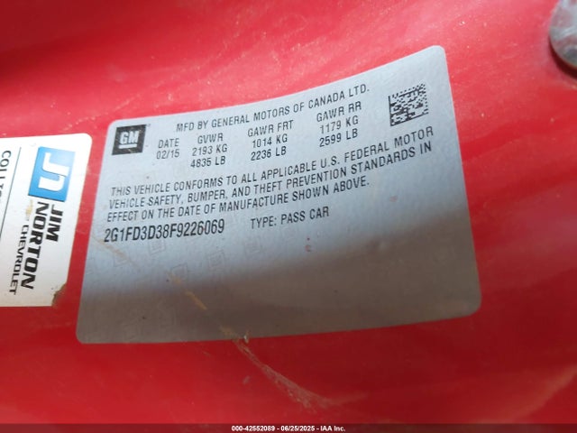 Chevrolet lfx 2015 2G1FD3D38F9226069 Image 9