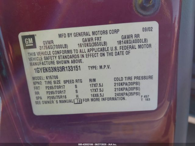 2003 CADILLAC ESCALADE 1GYEK63N93R133151 Photo 8