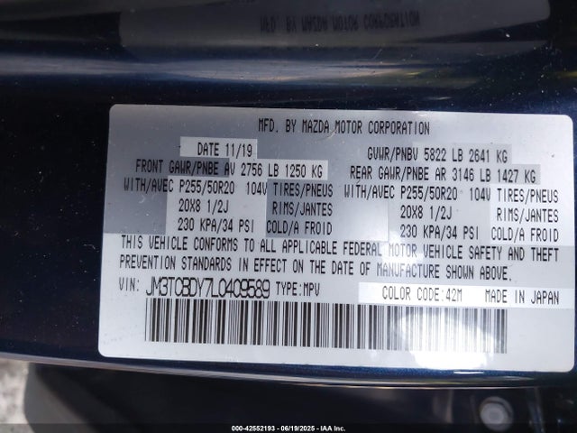 Aukcja sprzedaży 2020 Mazda Cx-9 Grand Touring, vin: JM3TCBDY7L0409589, numer aukcji: 42552193