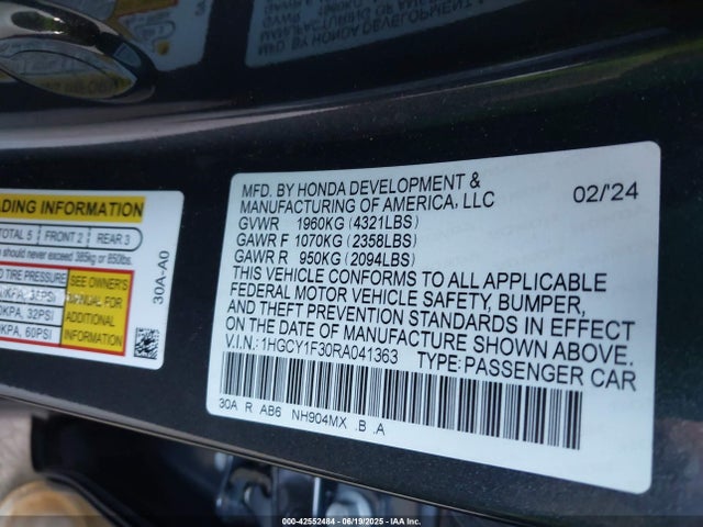 1HGCY1F30RA041363 Honda l15be