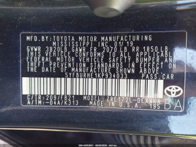 2019 TOYOTA COROLLA 5YFBURHE1KP934033 Photo 8