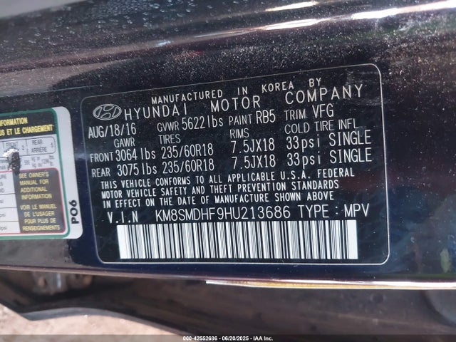 KM8SMDHF9HU213686 Hyundai gdi lambda ii